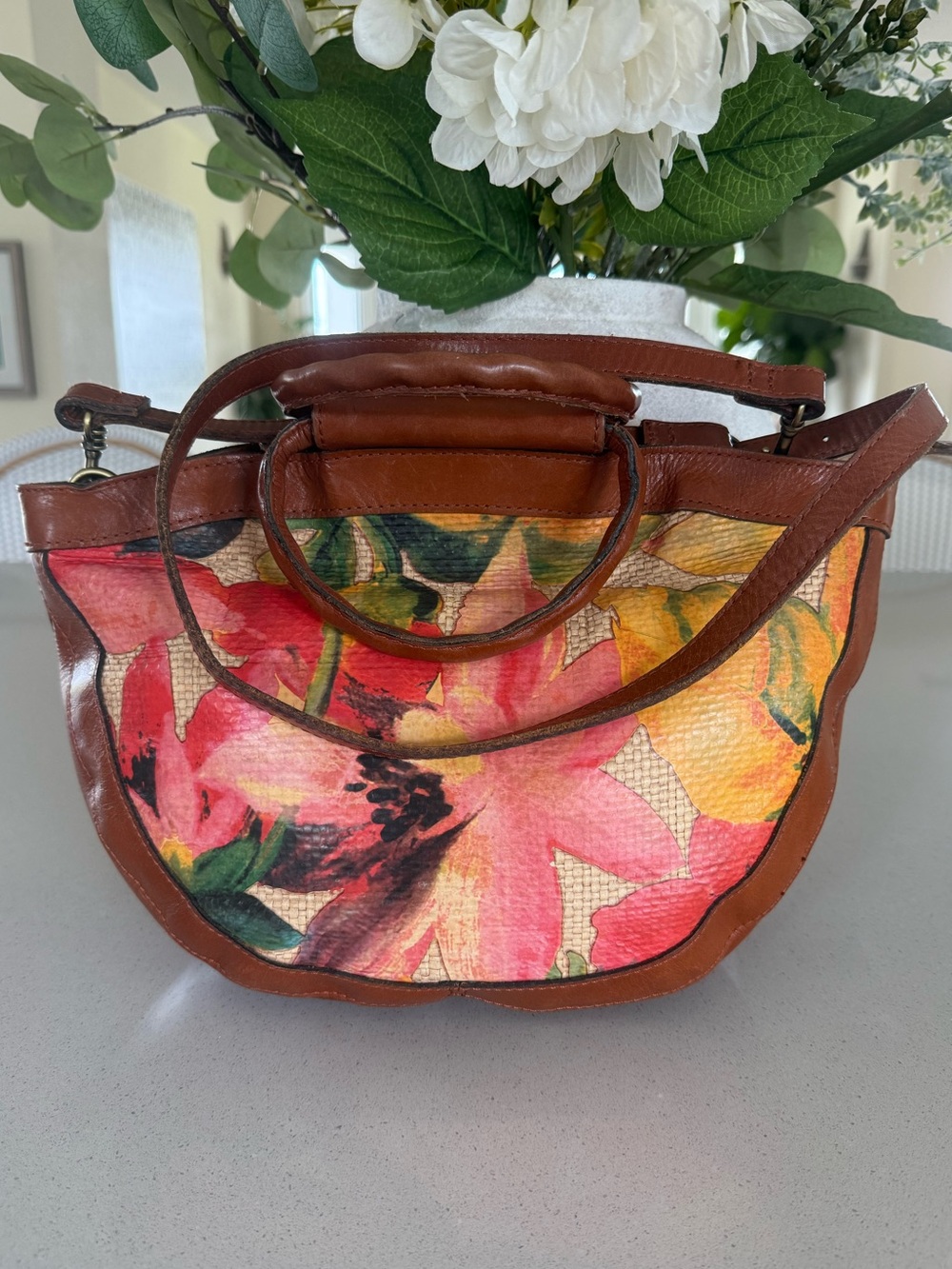 Patricia Nash Spring multi straw oliena satchel floral purse bag w strap EUC